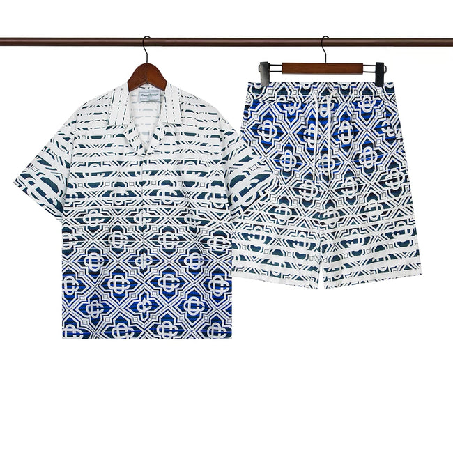 Casablanca Blue Geometric Mosaic Print Resort Shirt & Shorts Two Piece Set Hover Image