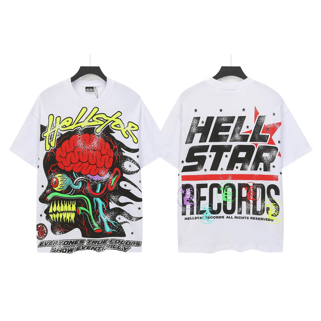 HELLSTAR Records Brain Monster Graphic Double‑Sided Vintage Washed Short Sleeve Tee White Streetwear T‑Shirt Hover Image