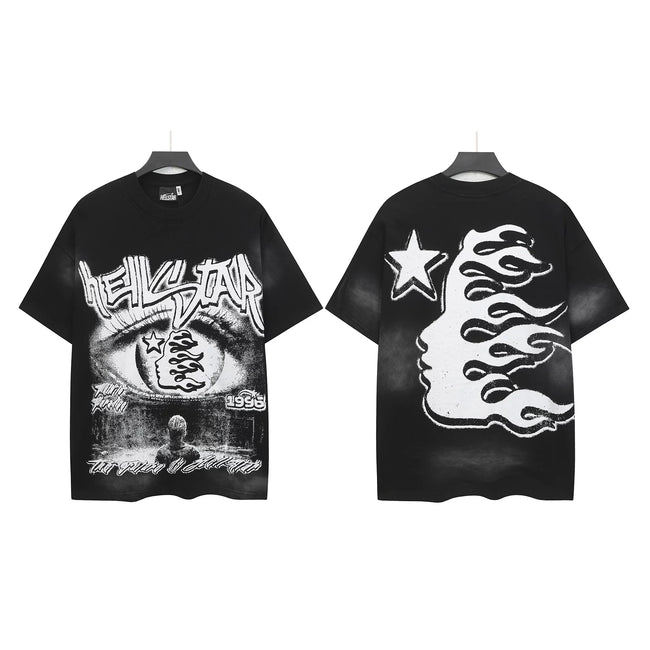 HELLSTAR All‑Seeing Eye Flame‑Face Double‑Sided Short Sleeve Tee Black Washed Streetwear T‑Shirt Hover Image