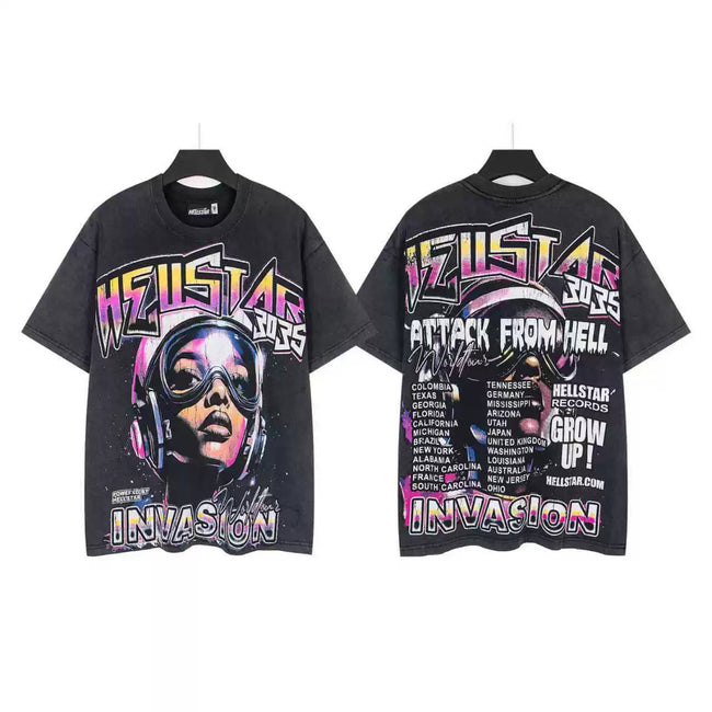 HELLSTAR 2025 Invasion “Attack From Hell” Astronaut Portrait Double‑Sided Short Sleeve Tee Black Washed Streetwear T‑Shirt Hover Image