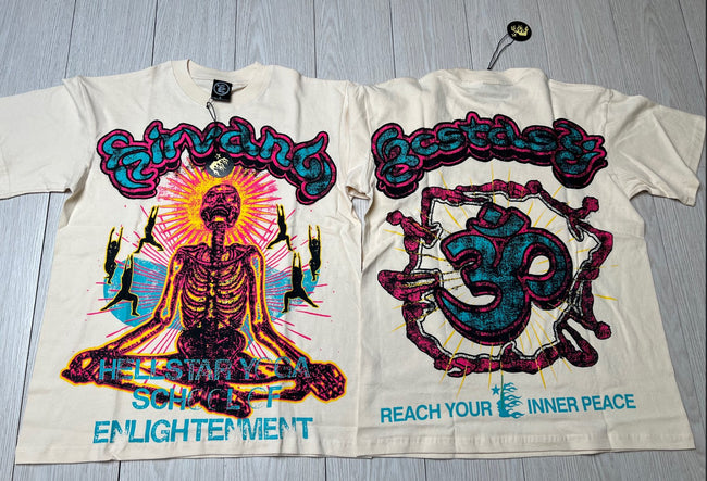 HELLSTAR Yoga School Of Enlightenment Om Symbol Vintage Washed Short Sleeve Tee Cream Streetwear T‑Shirt Hover Image