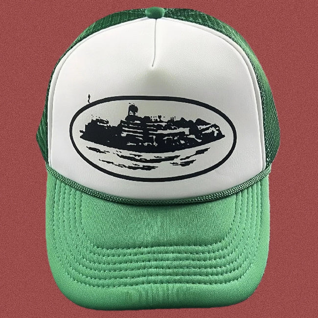 Corteiz Vintage Green and White Trucker Hat with Oval Cruise Ship Graphic Hover Image