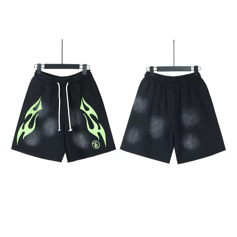 Hellstar Neon Green Tribal Flame Graphic Washed Black Streetwear Shorts