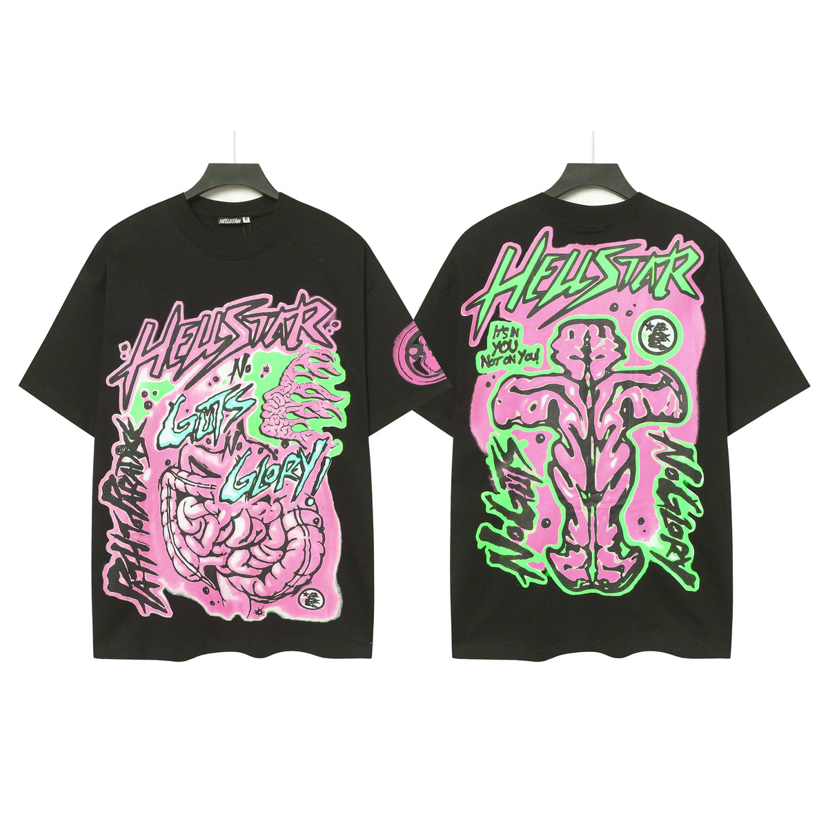 HELLSTAR No Guts No Glory Neon Organ Skeleton Double‑Sided Vintage Washed Short Sleeve Tee Black Streetwear T‑Shirt