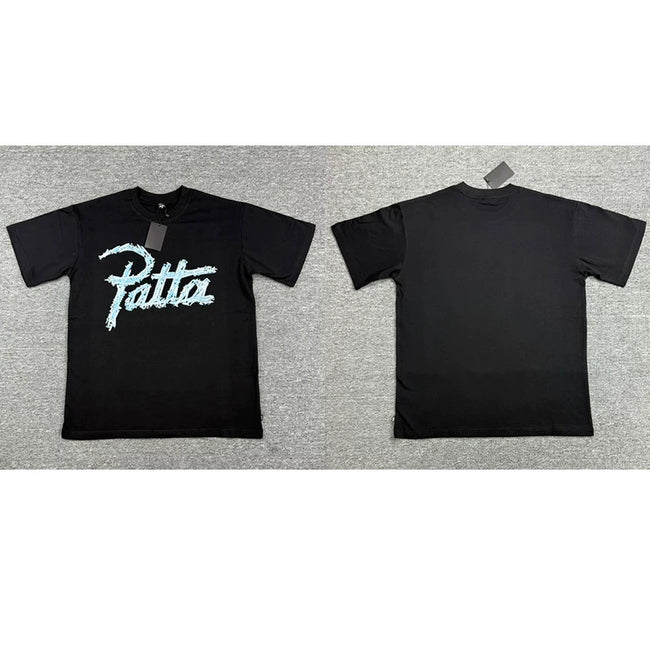 Patta Light Blue Script Logo Black Short Sleeve T-shirt Unisex Hover Image