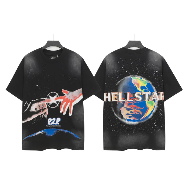 HELLSTAR P2P Creation Hands Earth Globe Double‑Sided Short Sleeve Tee Black Washed Streetwear T‑Shirt Hover Image
