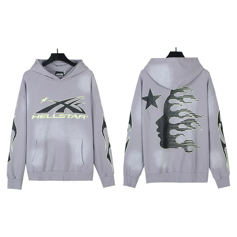 HELLSTAR Pink Graffiti Circle Flame‑Face Bleach‑Wash Grey Oversized Hoodie Streetwear Sweatshirt