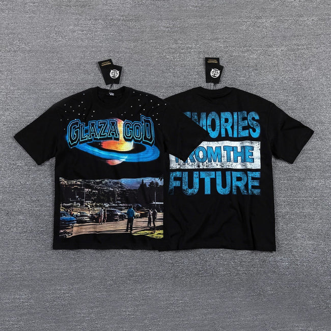 GLAZA GOD Men's Futuristic Graphic Oversized T-Shirt – Y2K Streetwear Double-Sided Print Casual Tee Hover Image