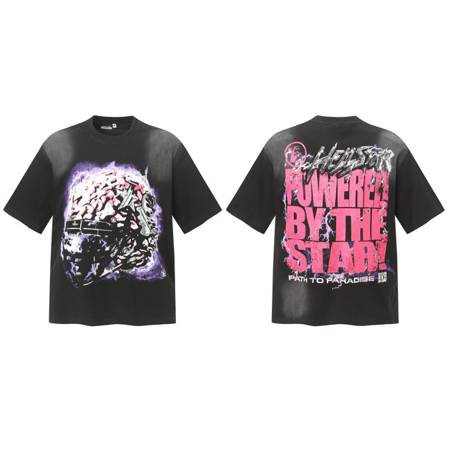 HELLSTAR "Powered By The Star" Neon Purple Portrait Double‑Sided Short Sleeve Tee Black Streetwear T‑Shirt Hover Image