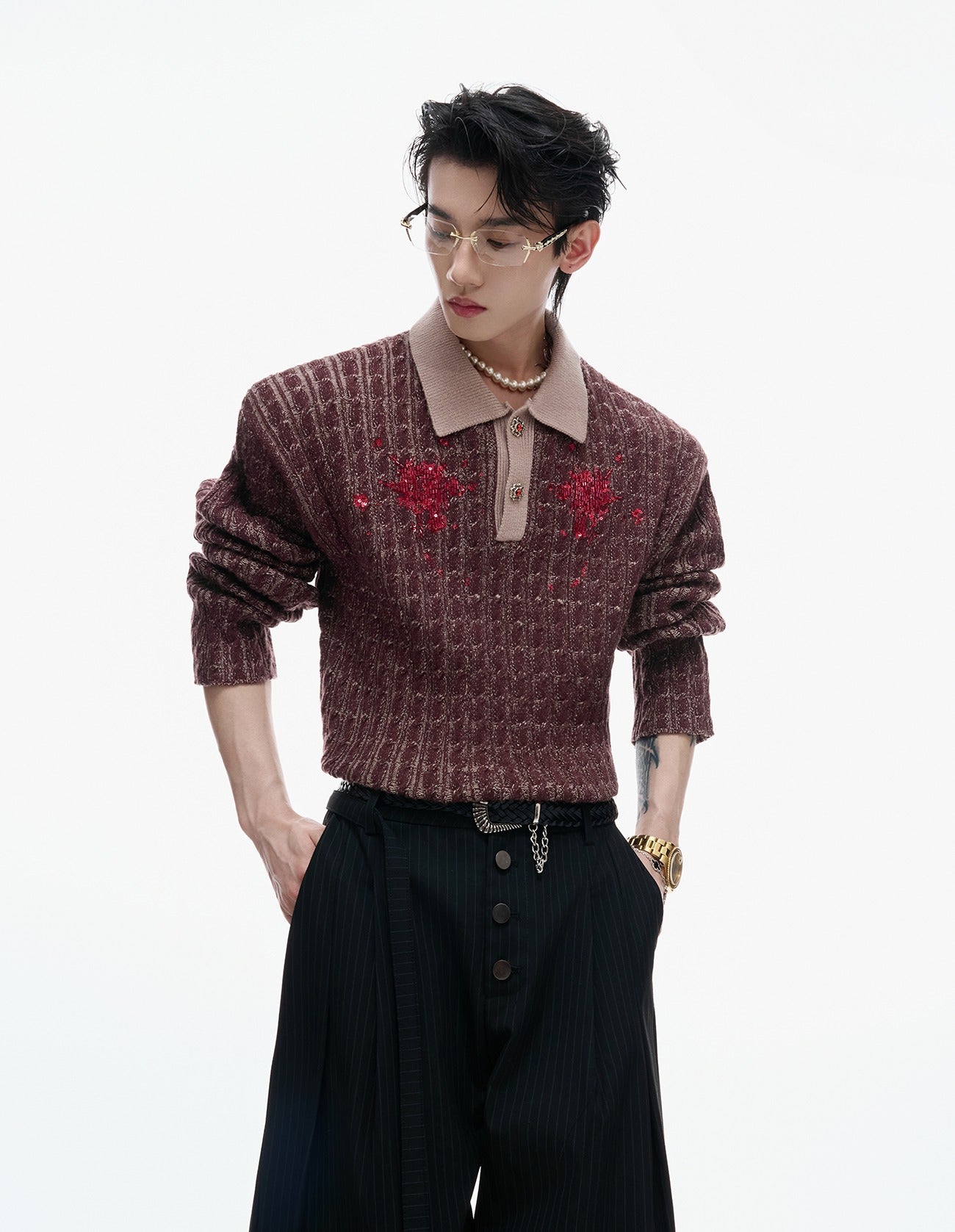 Sequined Lapel Knit Sweater