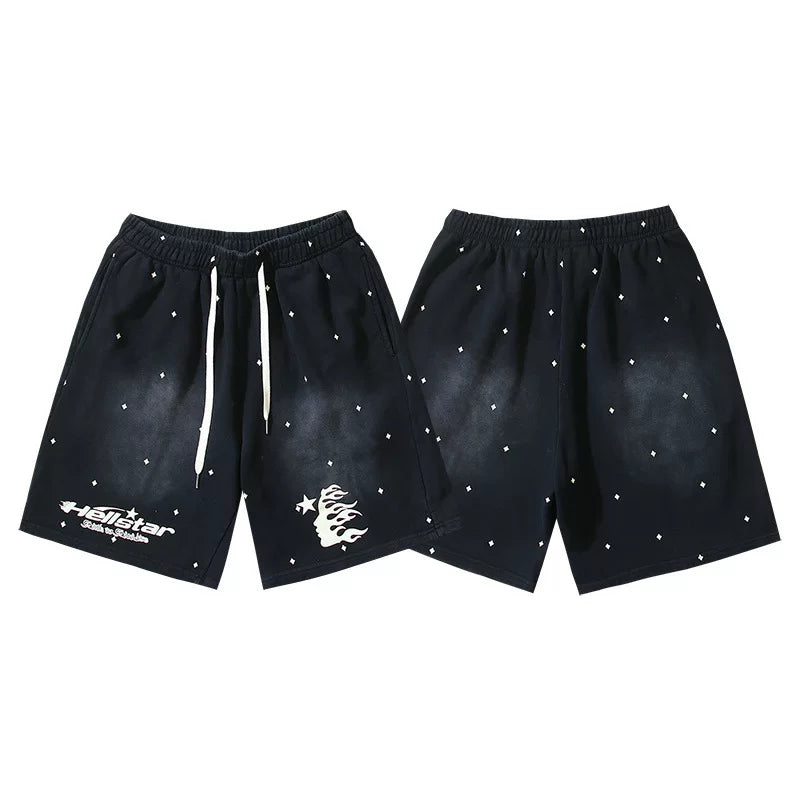 Hellstar Rhinestone Star‑Print Washed Black Streetwear Shorts