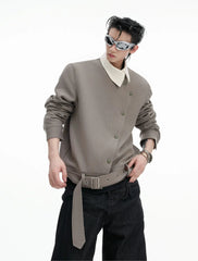 Oblique Button Pointed Collar Belted Shirt