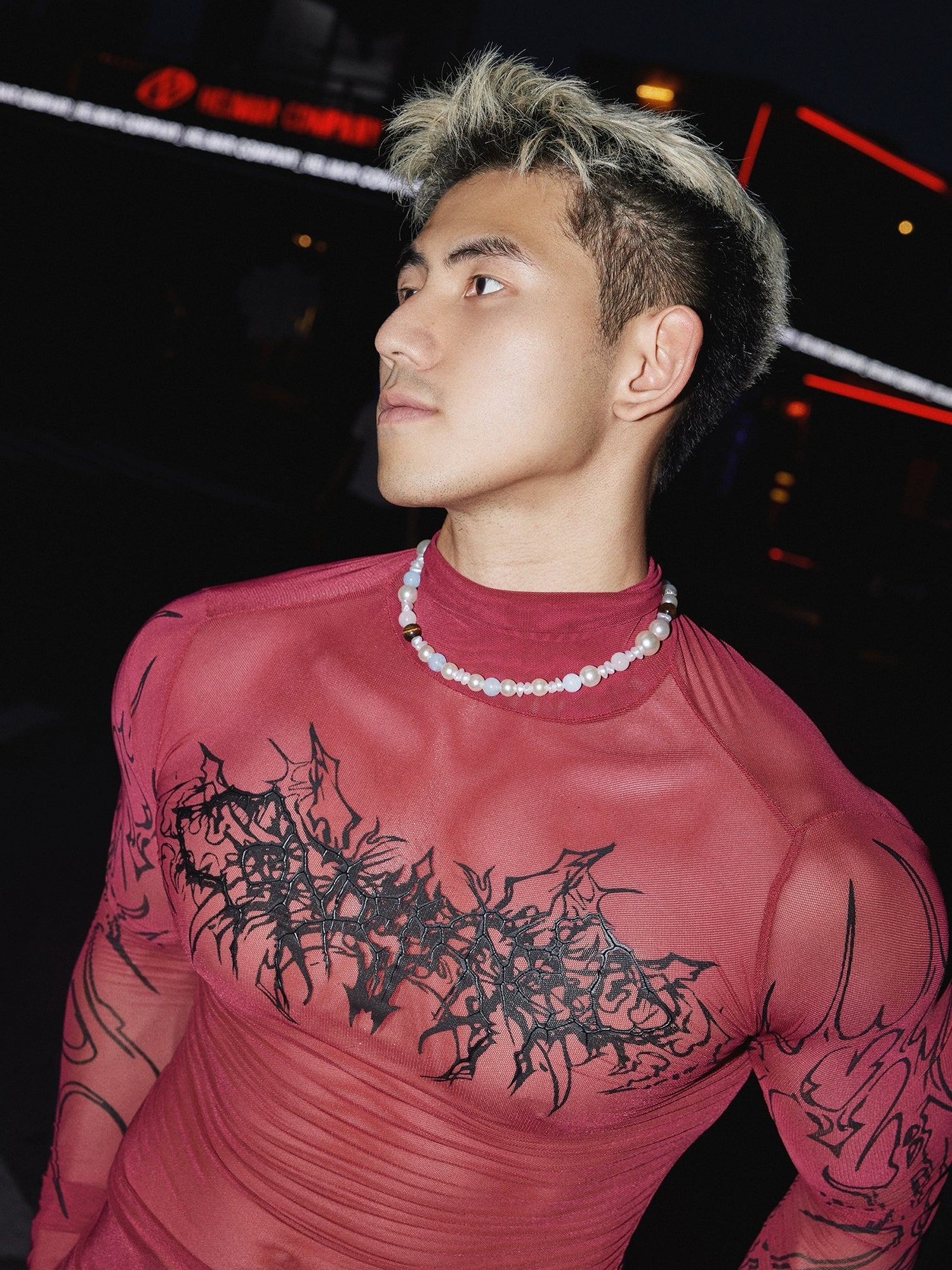 Sheer Gothic Print Slim Fit Pullover