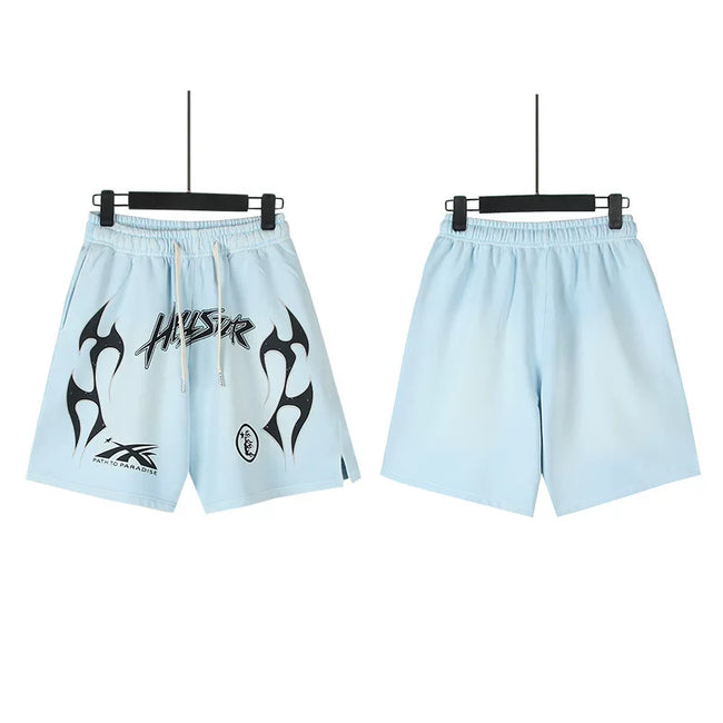Hellstar Script Logo Tribal Flame Washed Light Blue Streetwear Casual Shorts Hover Image
