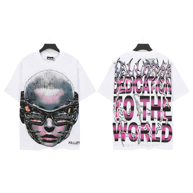 HELLSTAR "Dedication To The World" Cyber Portrait Double‑Sided Short Sleeve Tee White Streetwear T‑Shirt Hover Image