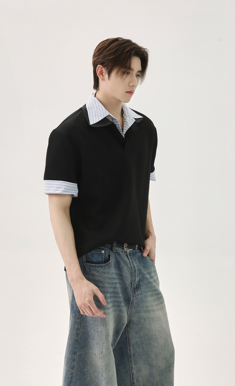 Patchwork Striped Loose Polo Pullover