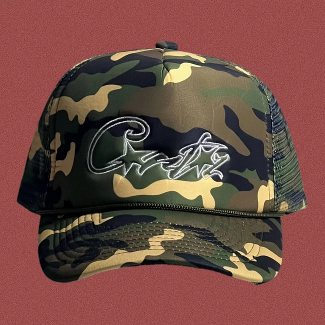 Corteiz Vintage Camo Trucker Hat with Signature Script Logo Hover Image