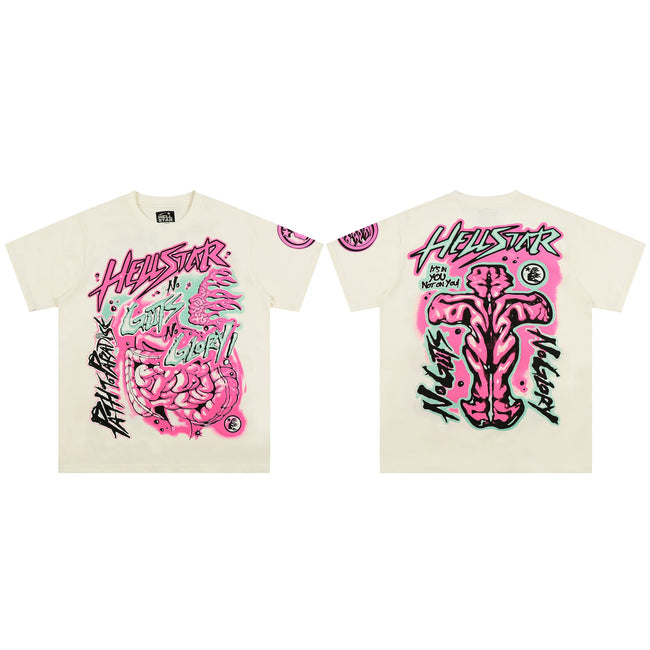 HELLSTAR Pink Flame Graphic Oversized T-Shirt Cream Streetwear Tee Hover Image