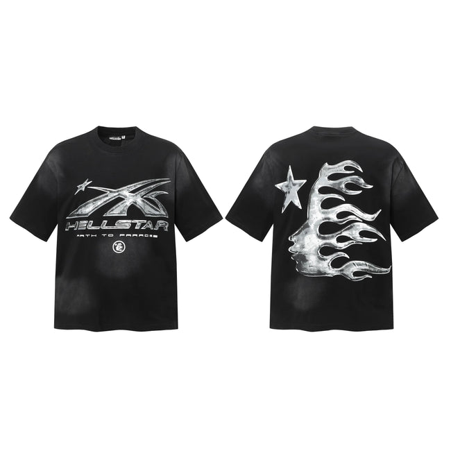 HELLSTAR Metallic Silver Blade & Flame‑Claw Double‑Sided Short Sleeve Tee Black Streetwear T‑Shirt Hover Image