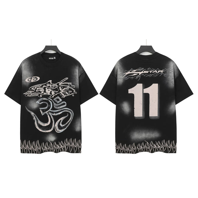 HELLSTAR Om Symbol Number 11 Double‑Sided Short Sleeve Tee Black Washed Streetwear T‑Shirt Hover Image