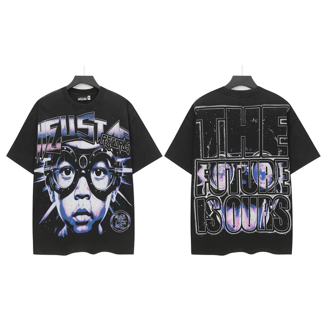 HELLSTAR Goggle Kid Portrait "The Future Is Ours" Double‑Sided Short Sleeve Tee Black Washed Streetwear T‑Shirt Hover Image