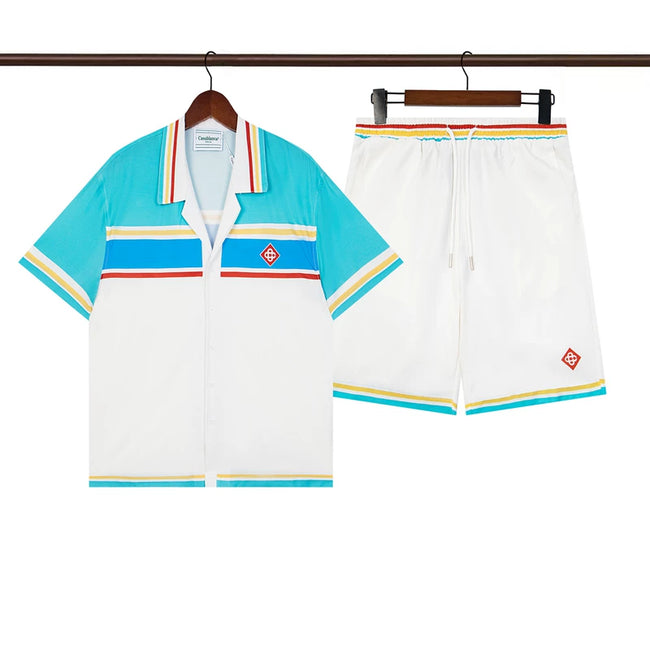 Casablanca White Teal Blue Collar Stripe Shirt & Shorts Two Piece Set Hover Image