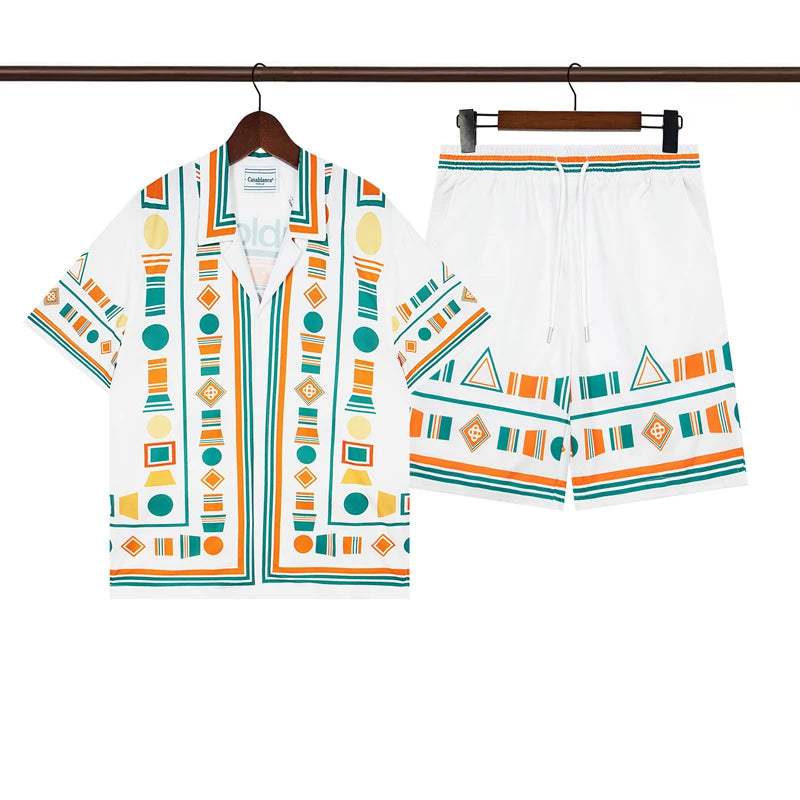 Casablanca White Base Orange Geometric Border Allover Print Shirt & Shorts Two Piece Set