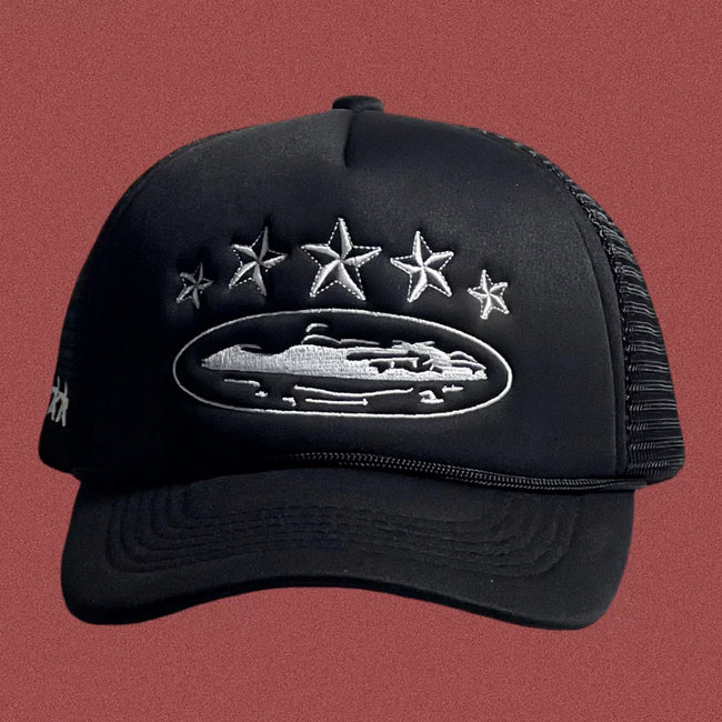 Vintage Black Trucker Hat with Silver Stars and Cruise Ship Graphic Hover Image