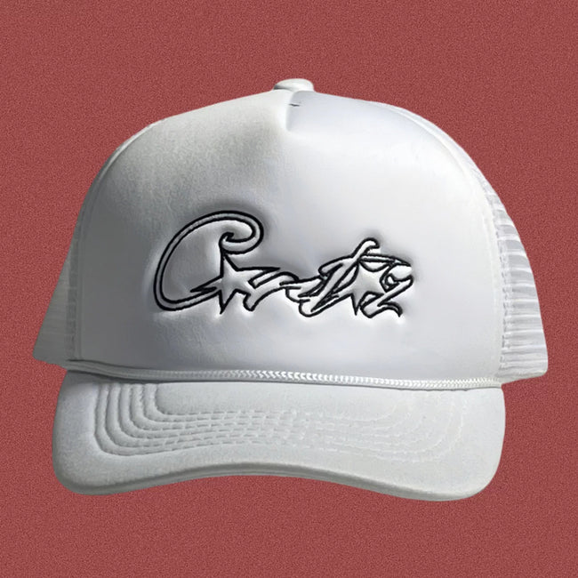 Corteiz Vintage White Trucker Hat with Black Script and Star Graphic Hover Image
