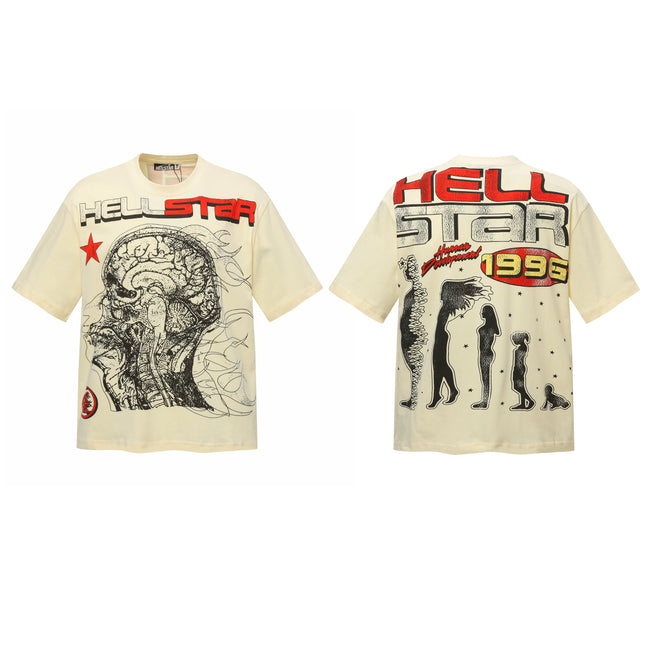 HELLSTAR 1996 Brain Art Double‑Sided Vintage Washed Short Sleeve Tee Cream Streetwear T‑Shirt Hover Image