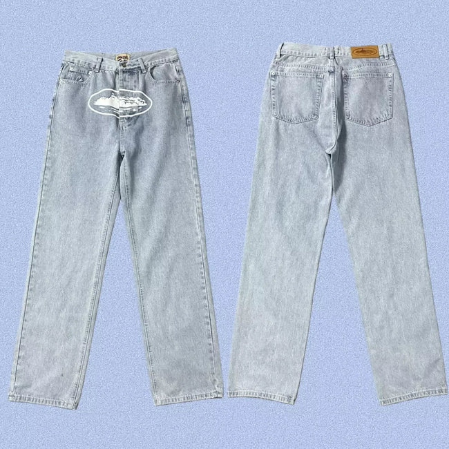Corteiz Alcatraz Island Front Logo Heavyweight Denim Pants - Light Blue Hover Image