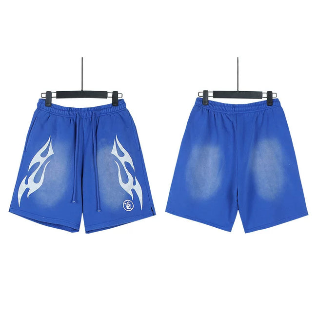 Hellstar White Tribal Graphic Washed Blue Streetwear Casual Shorts Hover Image