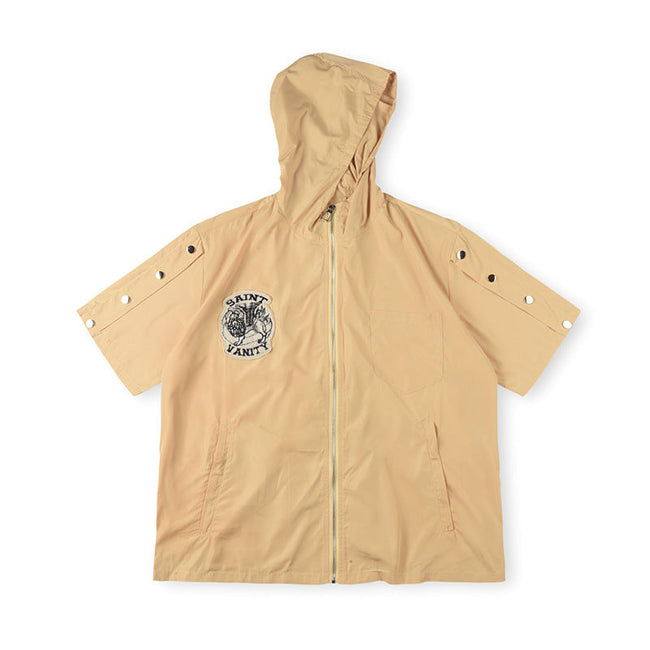 SAINT VANITY Short-Sleeve Full-Zip Hooded Jacket with Snap Sleeves - Beige Hover Image