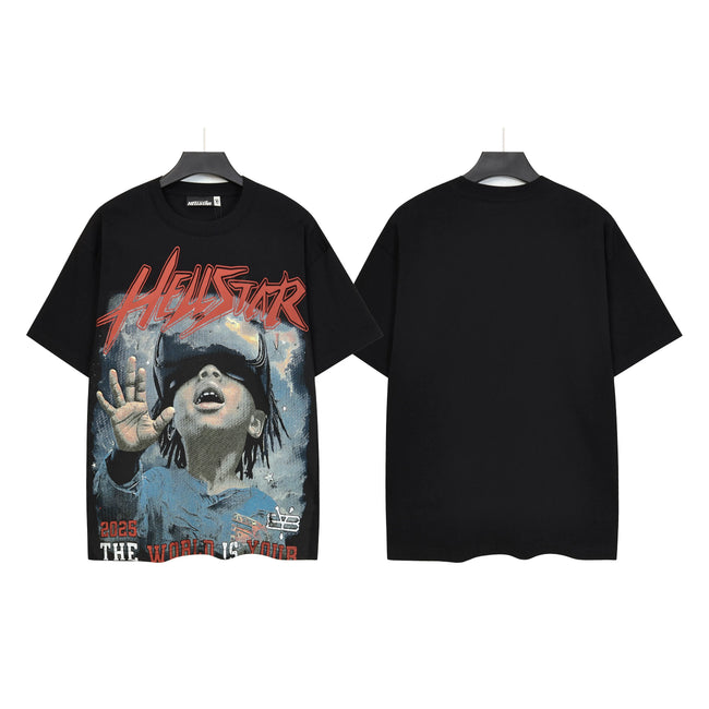 HELLSTAR "The World Is Yours" Vintage Portrait Front‑Print Short Sleeve Tee Black Streetwear T‑Shirt Hover Image