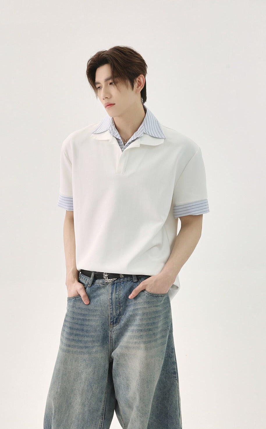 Patchwork Striped Loose Polo Pullover