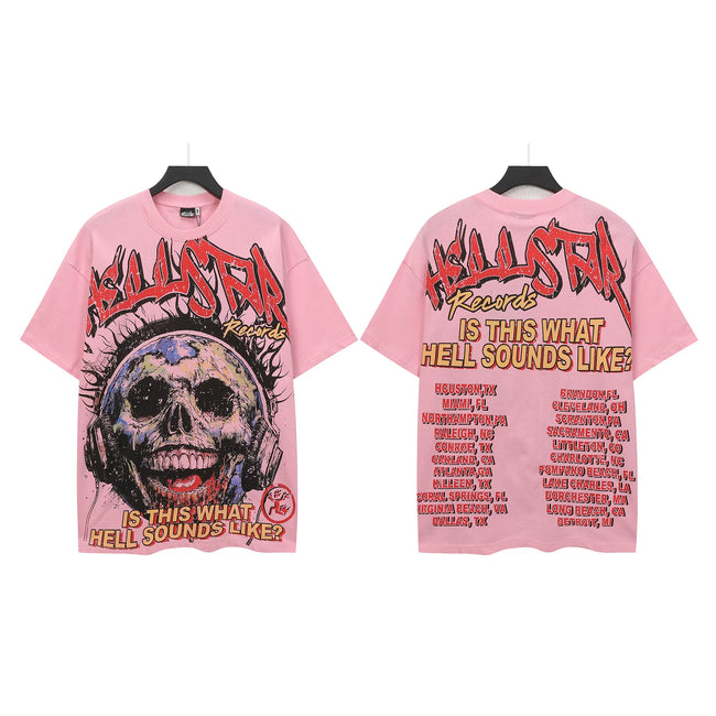 HELLSTAR Records Skull Tour Graphic Double‑Sided Vintage Short Sleeve Tee Pink Streetwear T‑Shirt Hover Image
