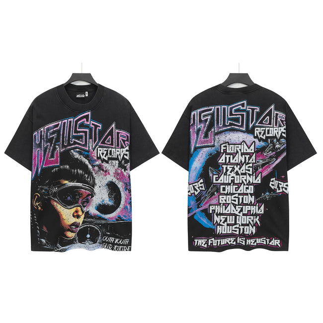 HELLSTAR Records Neon Tour Portrait Double‑Sided Short Sleeve Tee Black Washed Streetwear T‑Shirt Hover Image