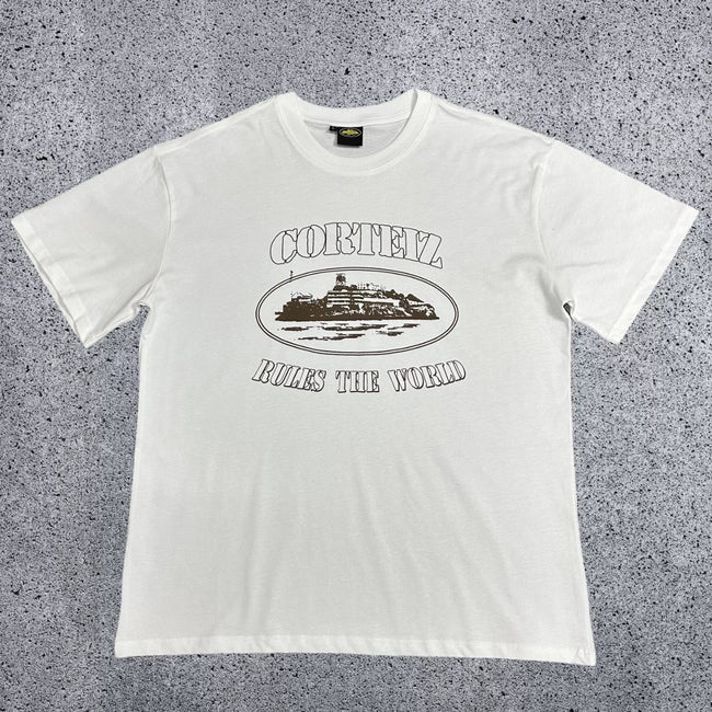 Corteiz "Rules The World" Brown Print White T-Shirt Hover Image