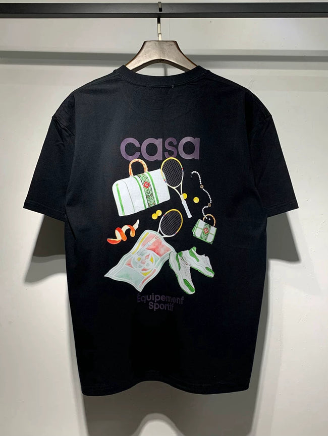 Casablanca Tennis Equipment Collage Graphic Black Short Sleeve T-Shirt Unisex Hover Image
