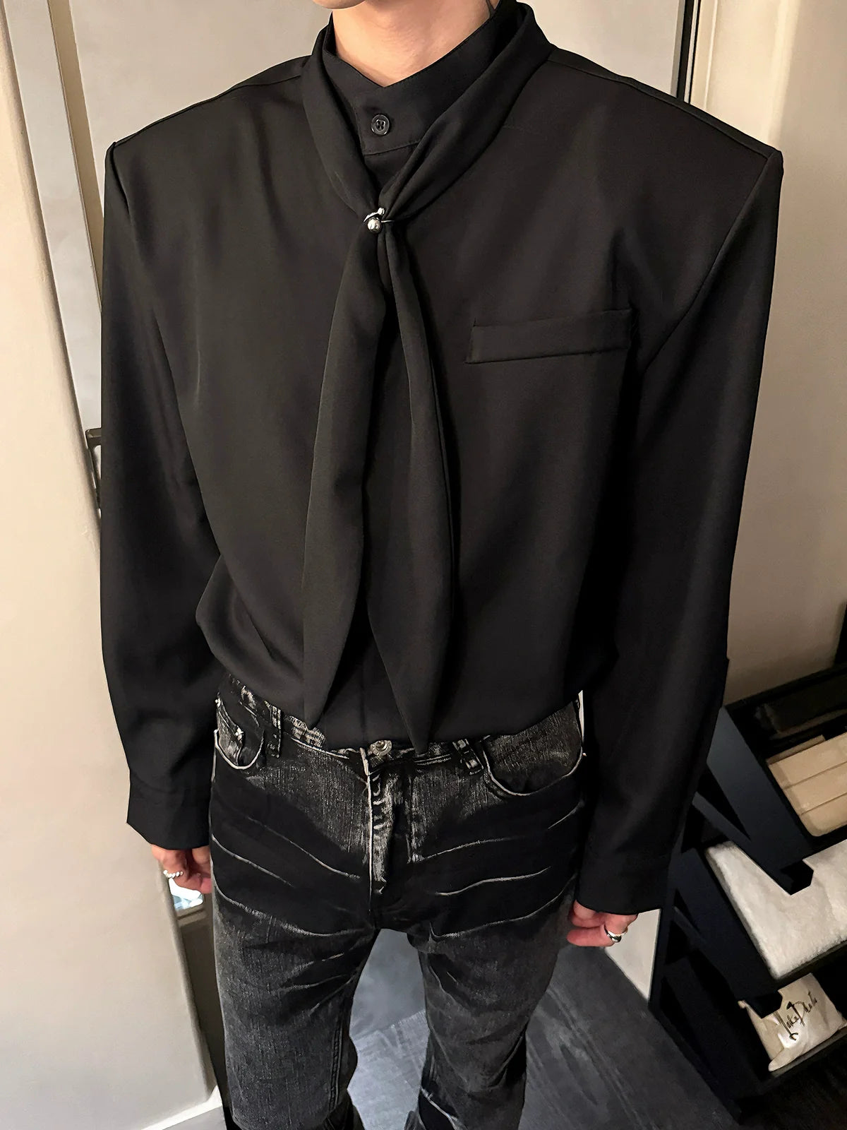 Stand Collar Tie Long Sleeve Shirt