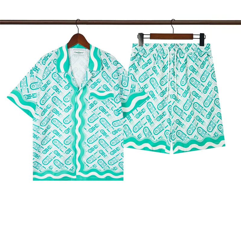 Casablanca Green Wave Pattern Allover Print Shirt & Shorts Two Piece Set