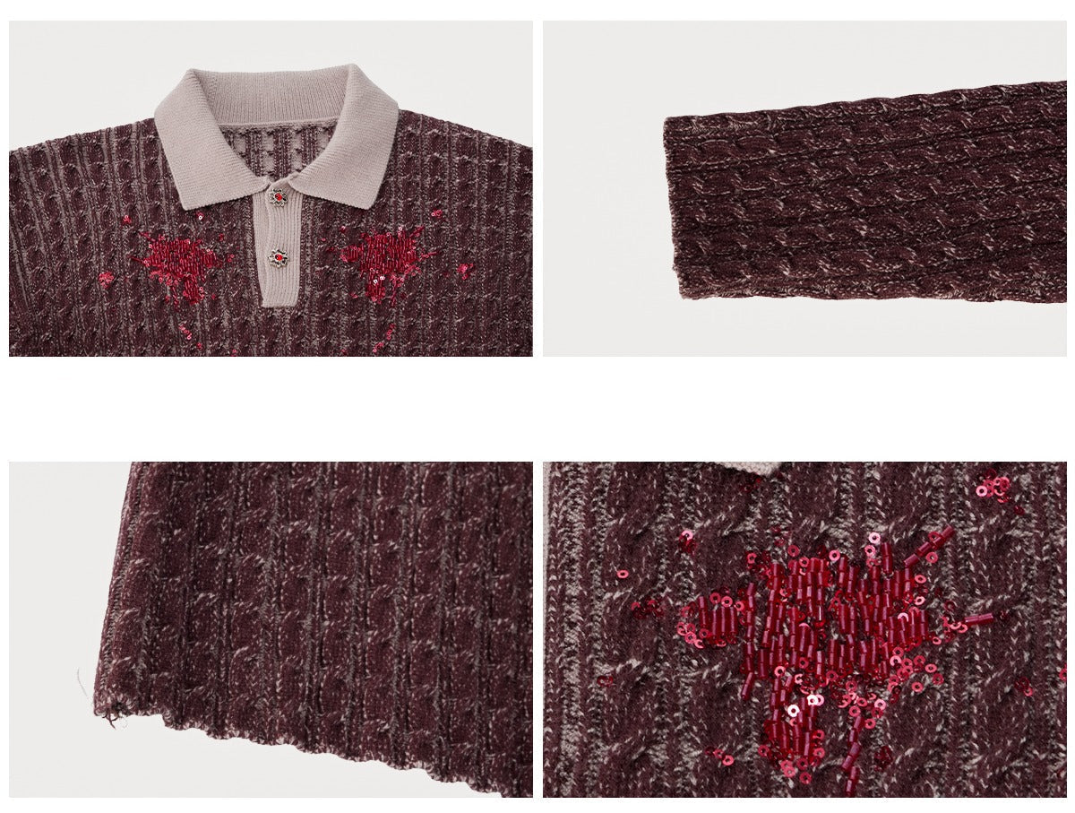 Sequined Lapel Knit Sweater