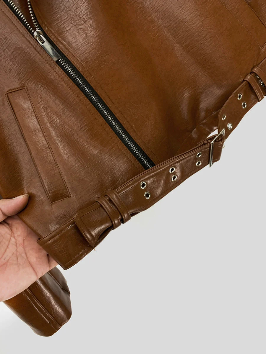 PU Leather Motorcycle Jacket with Studded Details
