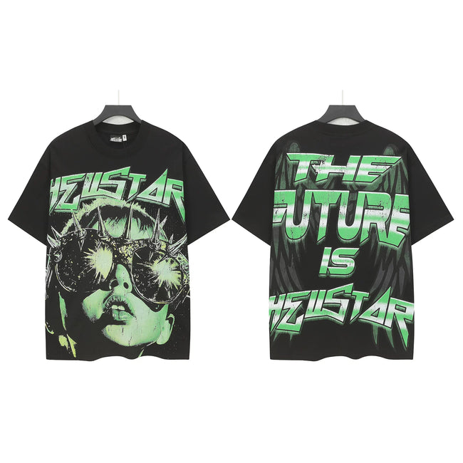 HELLSTAR "The Future Is Hellstar" Spiked Sunglasses Portrait Double‑Sided Short Sleeve Tee Black Streetwear T‑Shirt Hover Image