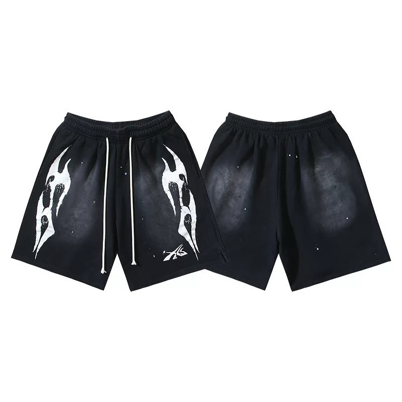 Hellstar White Tribal Flame Print Splatter Washed Black Streetwear Shorts