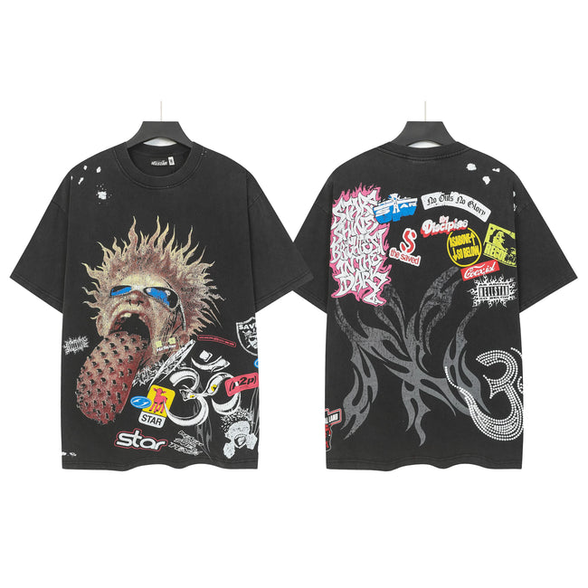 HELLSTAR Punk Spiky Hair Sticker Bomb Double‑Sided Short Sleeve Tee Black Washed Streetwear T‑Shirt Hover Image