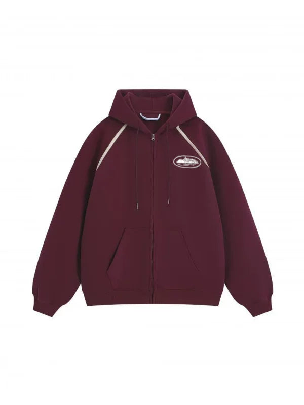 Corteiz Contrast Raglan Full-Zip Heavyweight Hoodie -Red Hover Image