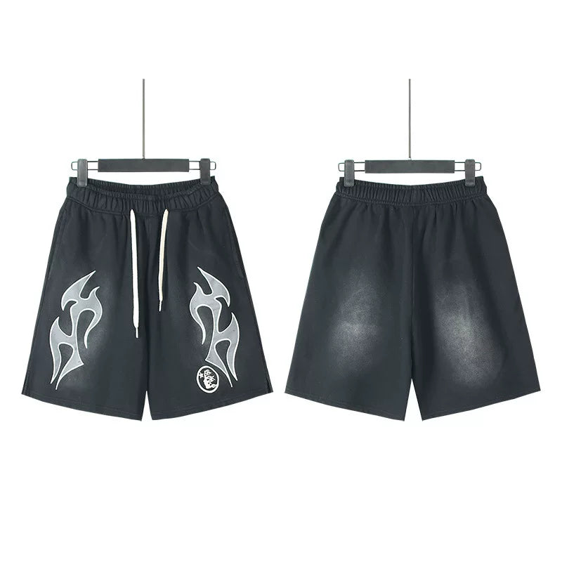 Hellstar Tribal Flame Print Washed Black Streetwear Casual Shorts