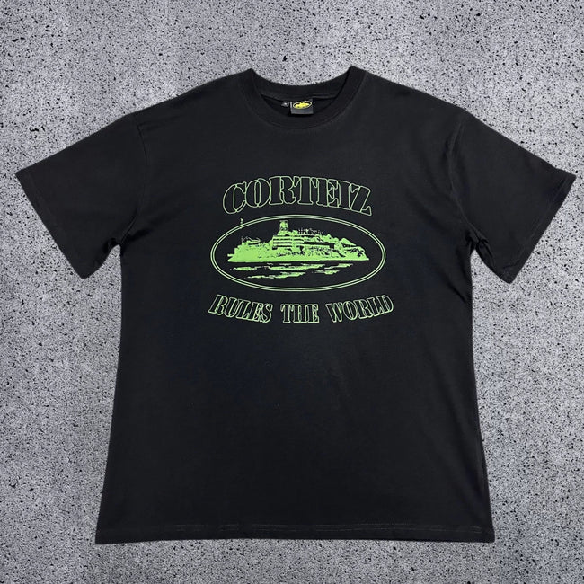Corteiz "Rules The World" Alcatraz Graphic Tee (Black & Green Edition) Hover Image