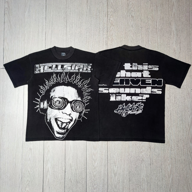 HELLSTAR Psychedelic Face Vintage Washed Short Sleeve Tee Black Streetwear T‑Shirt Hover Image